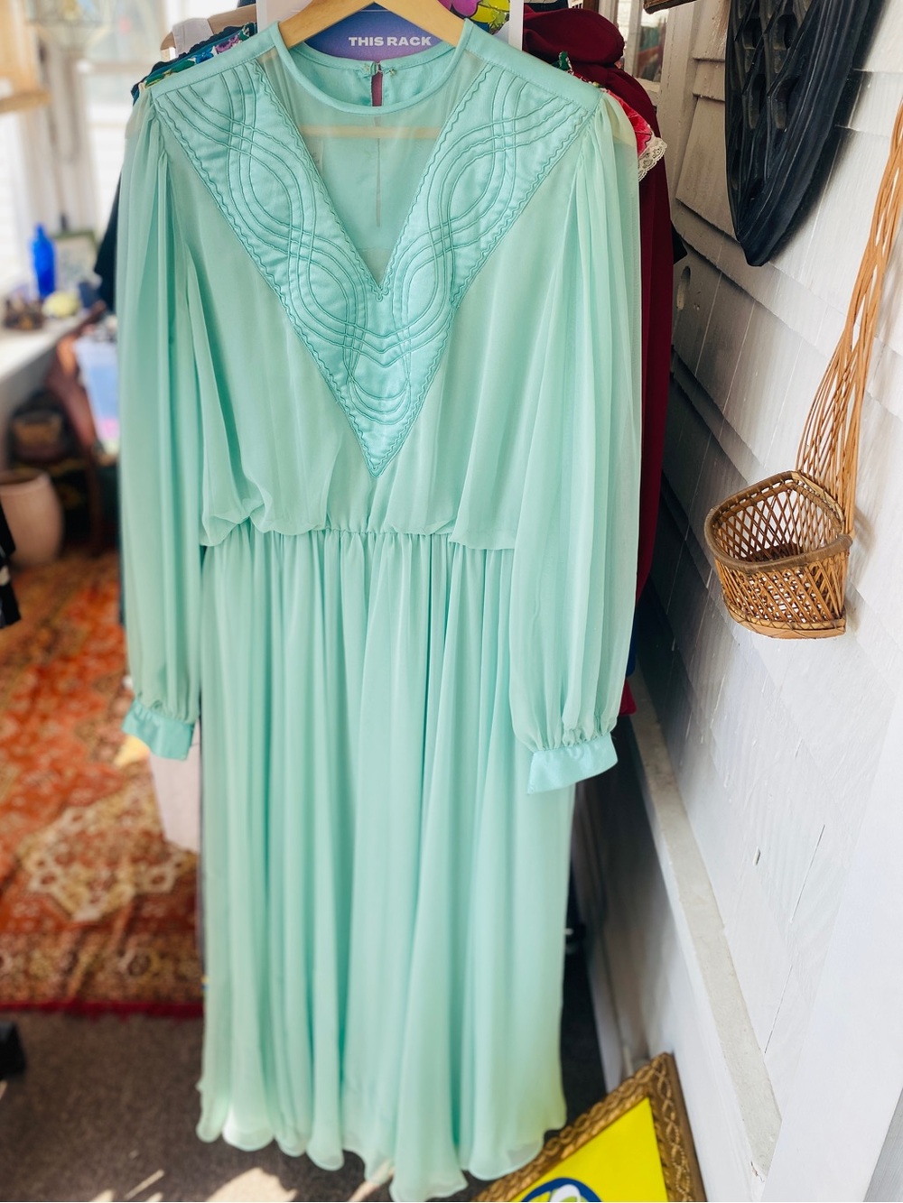 Vintage 60s Seafoam Chiffon V-Neck Long Sleeve Dress